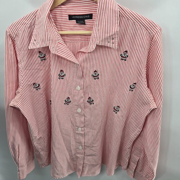 Impressions Red White Striped Santa Holiday Embroidered Button Up Shirt Size 14 - Picture 1 of 11